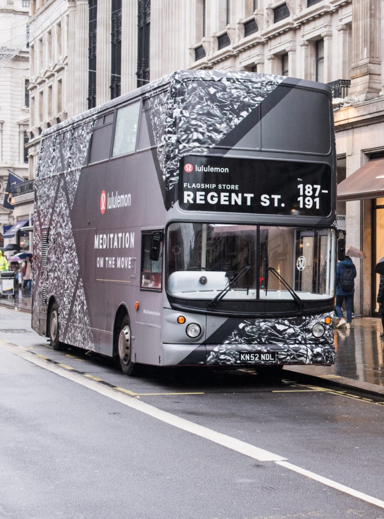 front view at the design of the Lululemon Om The Move bus